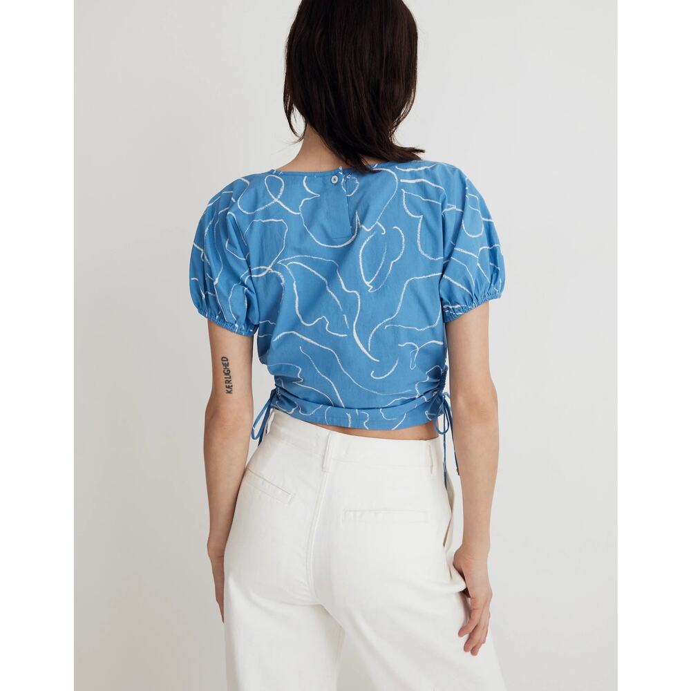Madewell Embroidered Poplin Puff-Sleeve Cutout Crop Top Oranamental Blue Size XL - Picture 2 of 8